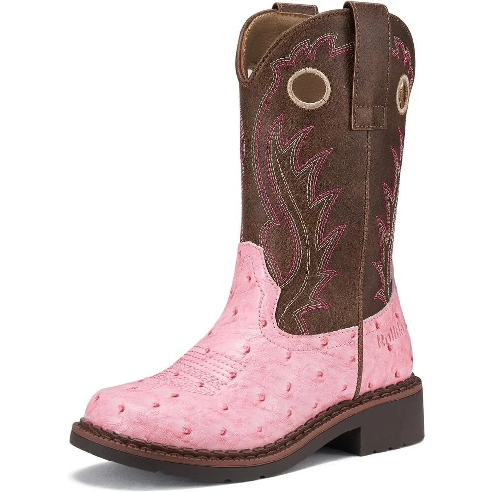 ⚡Kids Girls Pink Ostrich Western Boots Square Toe Cowgirl Boots For Toddler